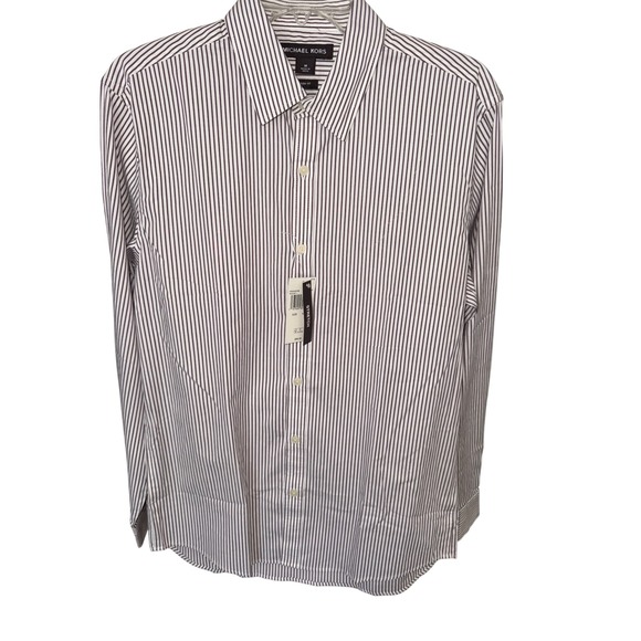 Michael Kors Shirt Mens M White Browm Striped Tailored Slim Fit Shirt Stretch - Picture 1 of 7